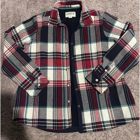 Orvis Shirt Womens  Red Gray Plaid Fleece Lined Flannel Shacket large - Picture 2 of 6